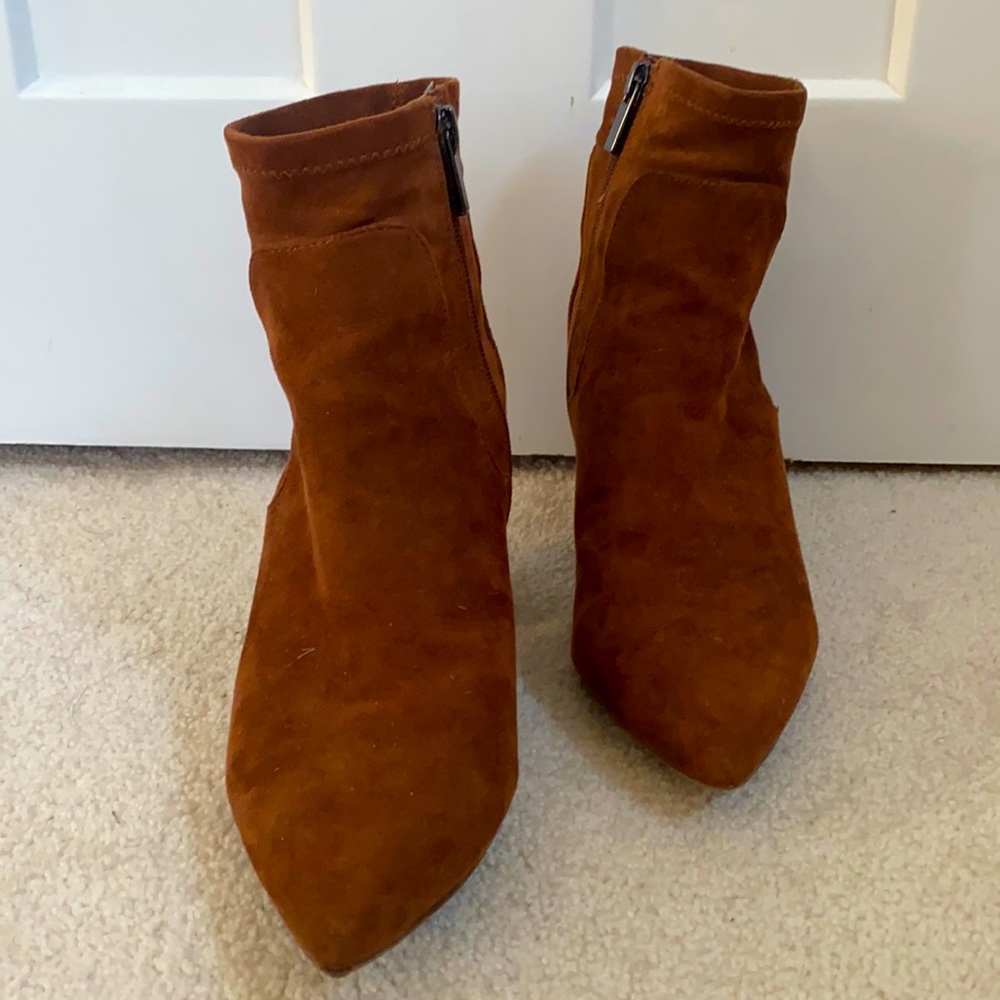 A•New•Day brown suede pointed toe heeled ankle booties size 8.5